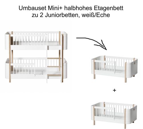 Wood Umbauset Mini+ halbhohes Etagenbett zu 2 Juniorbetten - weiß/Eiche