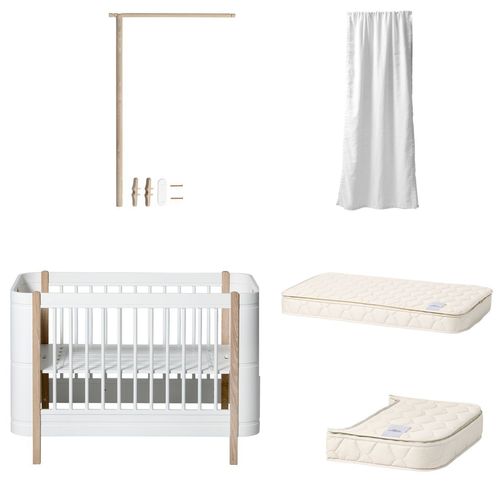 Wood Mini+ basic Baby-/Juniorbett+Himmelstange-Eiche+Himmel+Matratze+Verlängerung