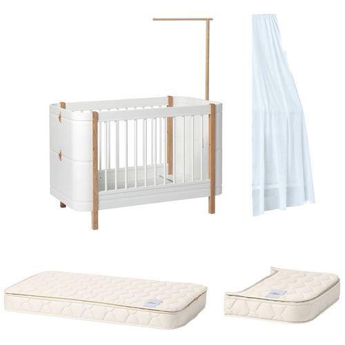 Wood Mini+ basic Baby-/Juniorbett+Himmelstange-Eiche+Himmel dusty blue+Matratze
